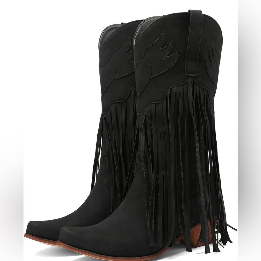 Meefit Women’s Fringe Black Retro Cowboy Boots